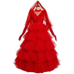 Movie Beetlejuice Lydia Cosplay Costume Red Wedding Dress Outfits Halloween Carnival Suit
