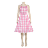 Kids Girls Movie Barbie 2023 Margot Robbie Barbie Pink Plaid Dress Outfits Cosplay Costume Halloween Carnival Suit