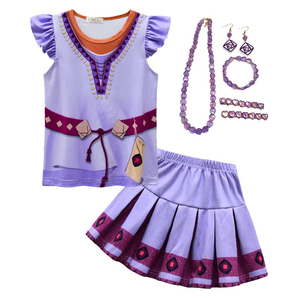 Kids Children Movie Wish 2023 Asha Purple Set Dress Outfits Cosplay Costume Halloween Carnival Suit
