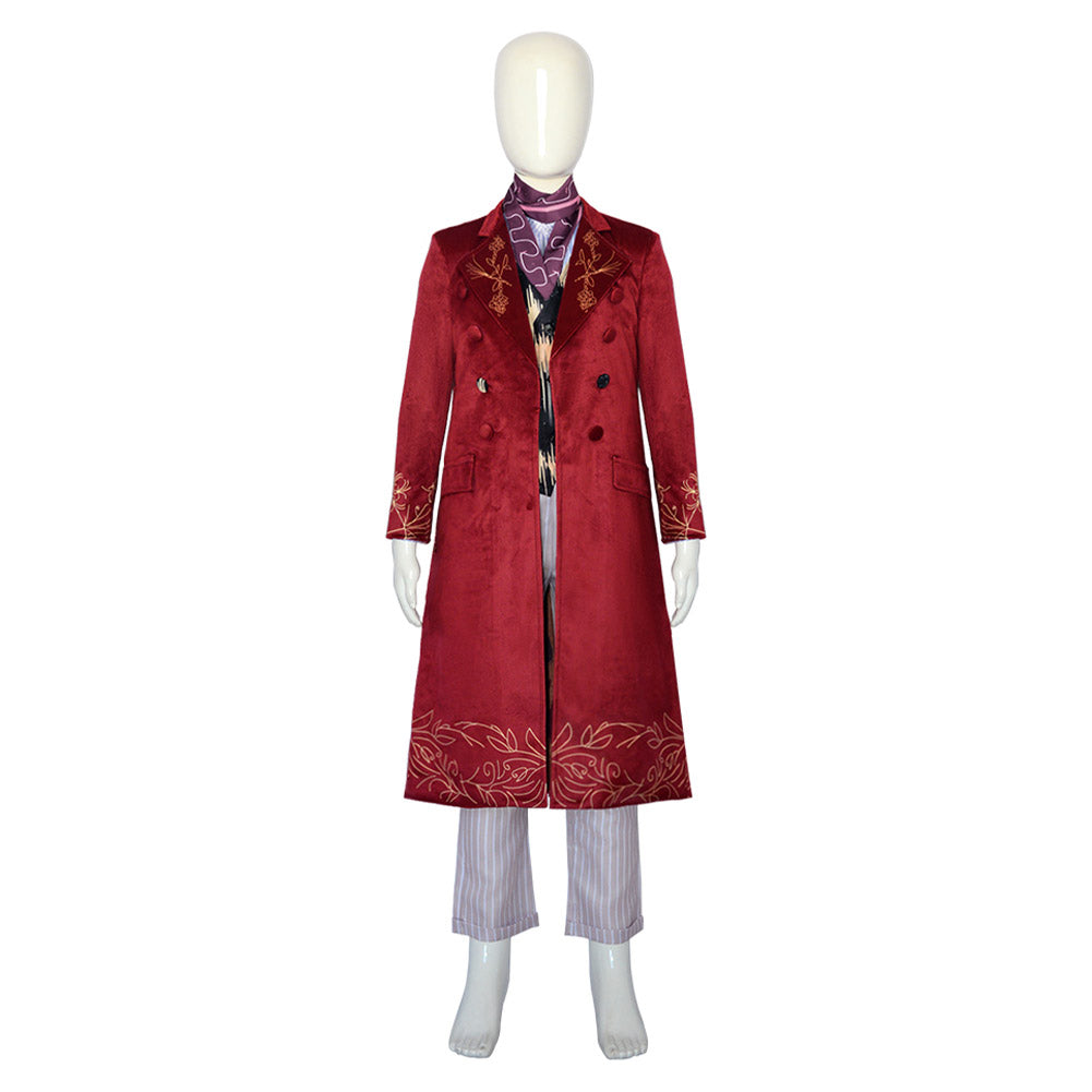 Kids Children Movie Wonka 2023 Willy Wonka Red Coat Outfits Cosplay Costume Halloween Carnival Suit