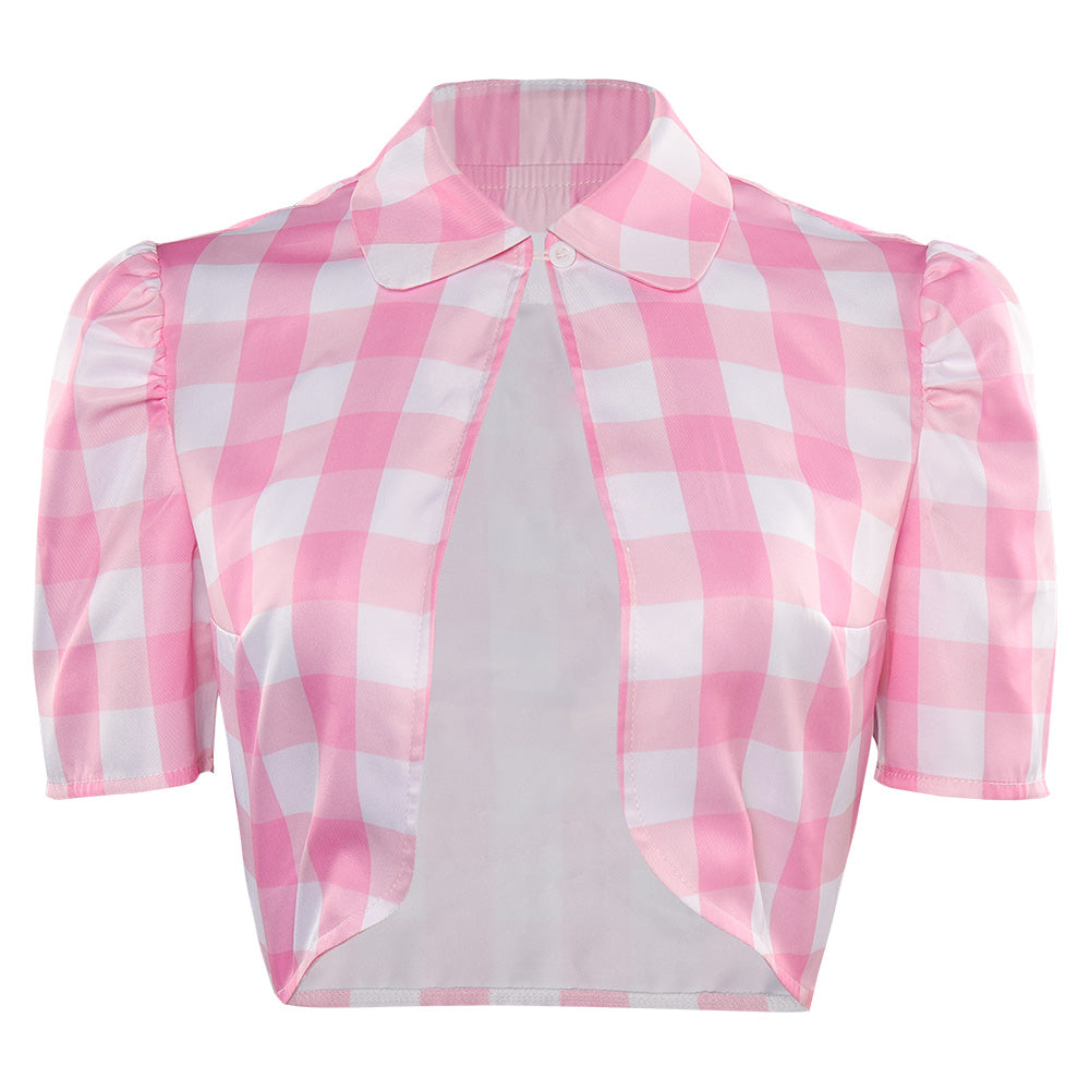 Movie Barbie 2023 Barbie Pink Lattice Short-sleeved Vest Outfits Cosplay Costume Suit
