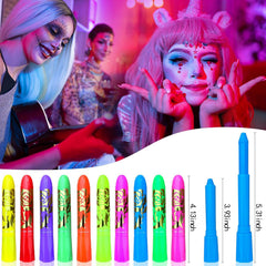 10 PCS Glow Face Body Paint Crayons Glow In The Dark Under UV Black Light Sticks Makeup Neon Face Painting Kits For Adult Kids Halloween Festival Accessory Glow Party Supplies