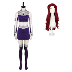 Starfire Cosplay Costume - Full Set With Purple Skirt, Outfit & Wig (Juniors)