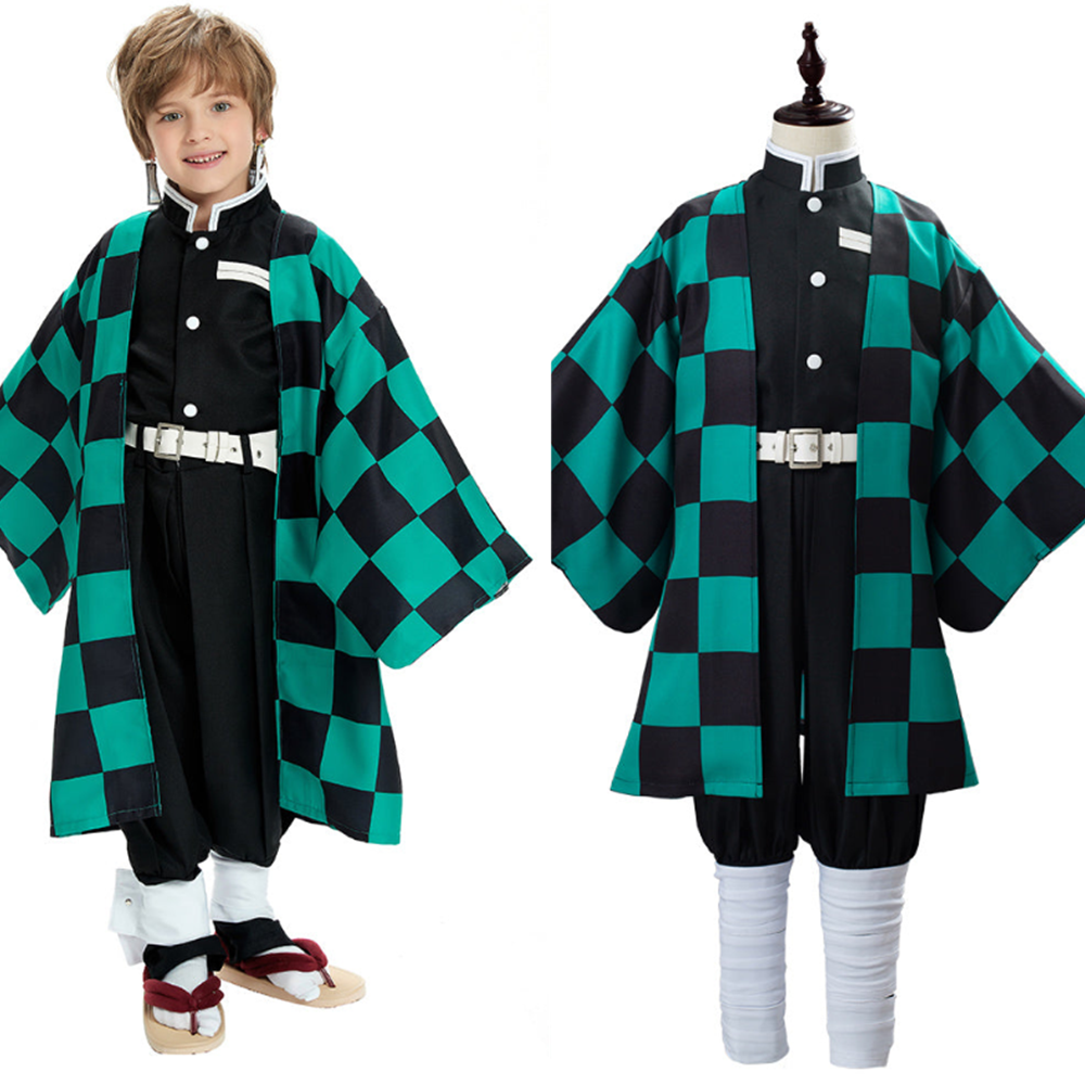 Kids Children Anime Tanjirou Green Kimono Set Outfit Cosplay Costume Halloween Carnival Suit