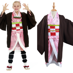 Kids Girls Anime Nezuko Kimono Set Outfits Cosplay Costume Halloween Carnival Suit