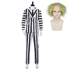 Beetlejuice Men Black and White Striped Suit Jacket Shirt Pants Outfit Halloween Carnival Costume Cosplay Costume