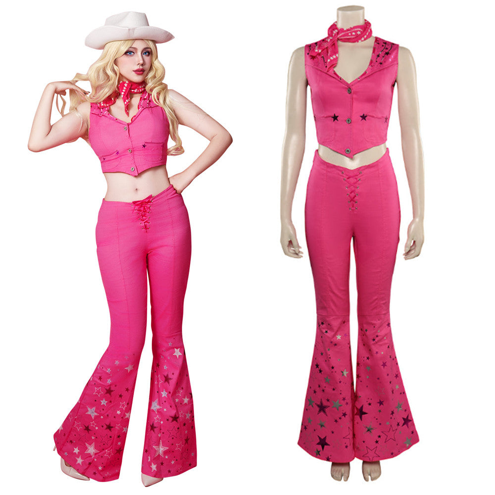 Movie Barbie 2023 Margot Robbie Barbie Pink Western Cowboy Outfits Cosplay Costume Halloween Carnival Suit