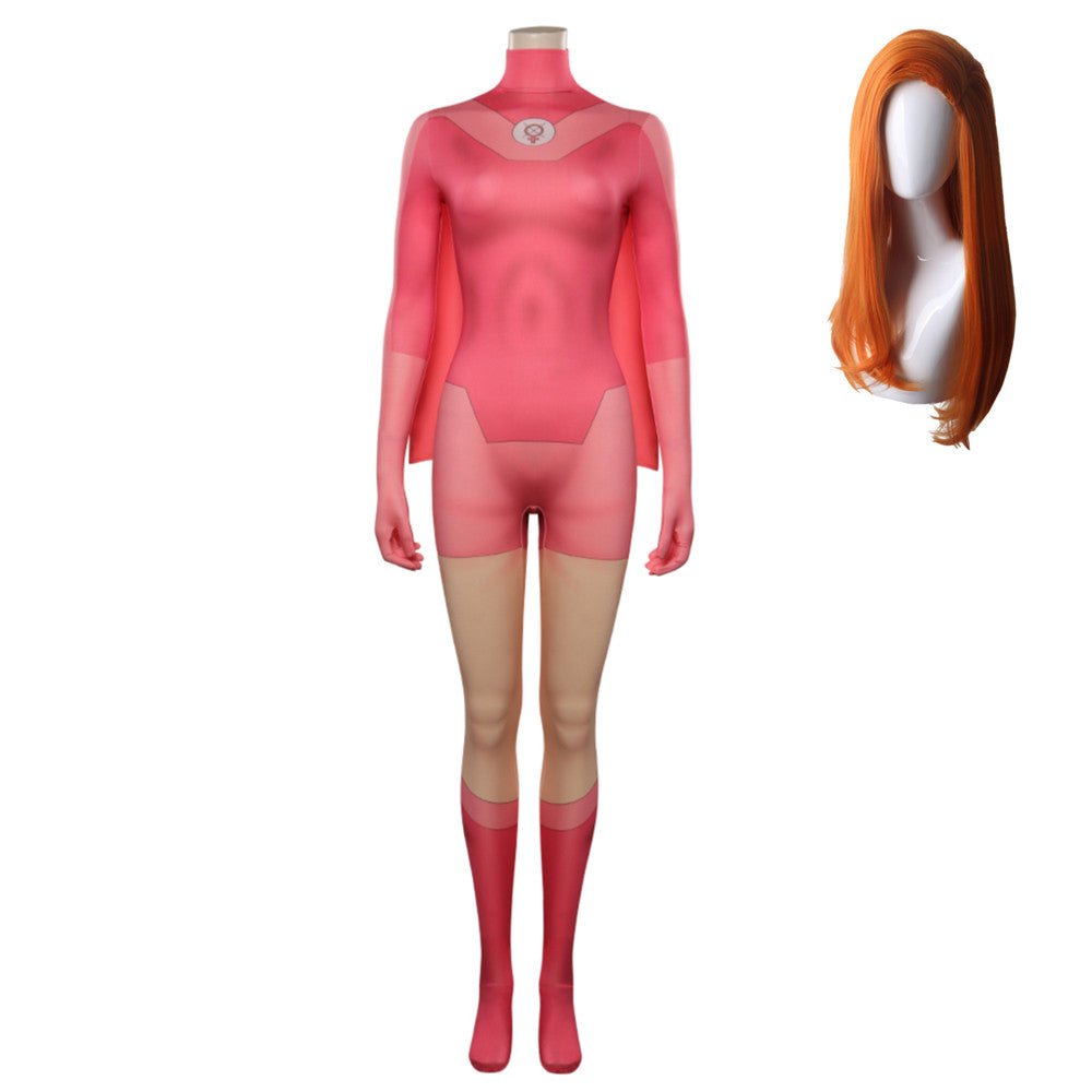 Invincible Season 2 (2023) Atom Eve Cosplay Costume Pink Jumpsuit Cloak Outfits Halloween Carnival Suit