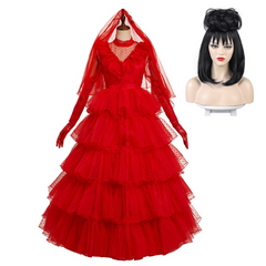 Movie Beetlejuice Lydia Cosplay Costume Red Wedding Dress Outfits Halloween Carnival Suit