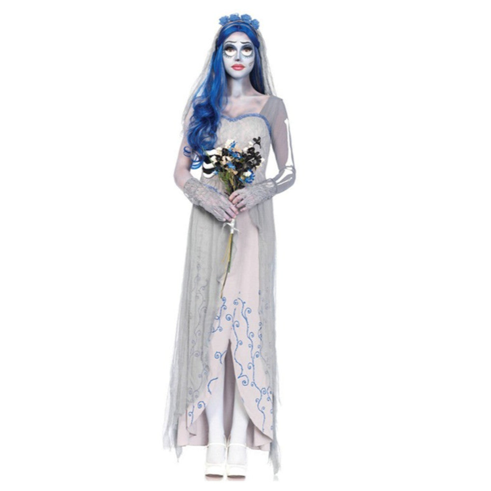 Horror Movie Corpse Bride Emily White Wedding Dress Outfits Cosplay Costume Halloween Carnival Suit