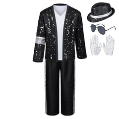 Adult Kids Band Singer Black White Sequins Set Stage Performance Outfits Cosplay Costume