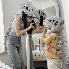 Adult Kids Funny Wearable Dinosaur Skeleton Plush Headwear Outfits Cosplay Costume Halloween Suit