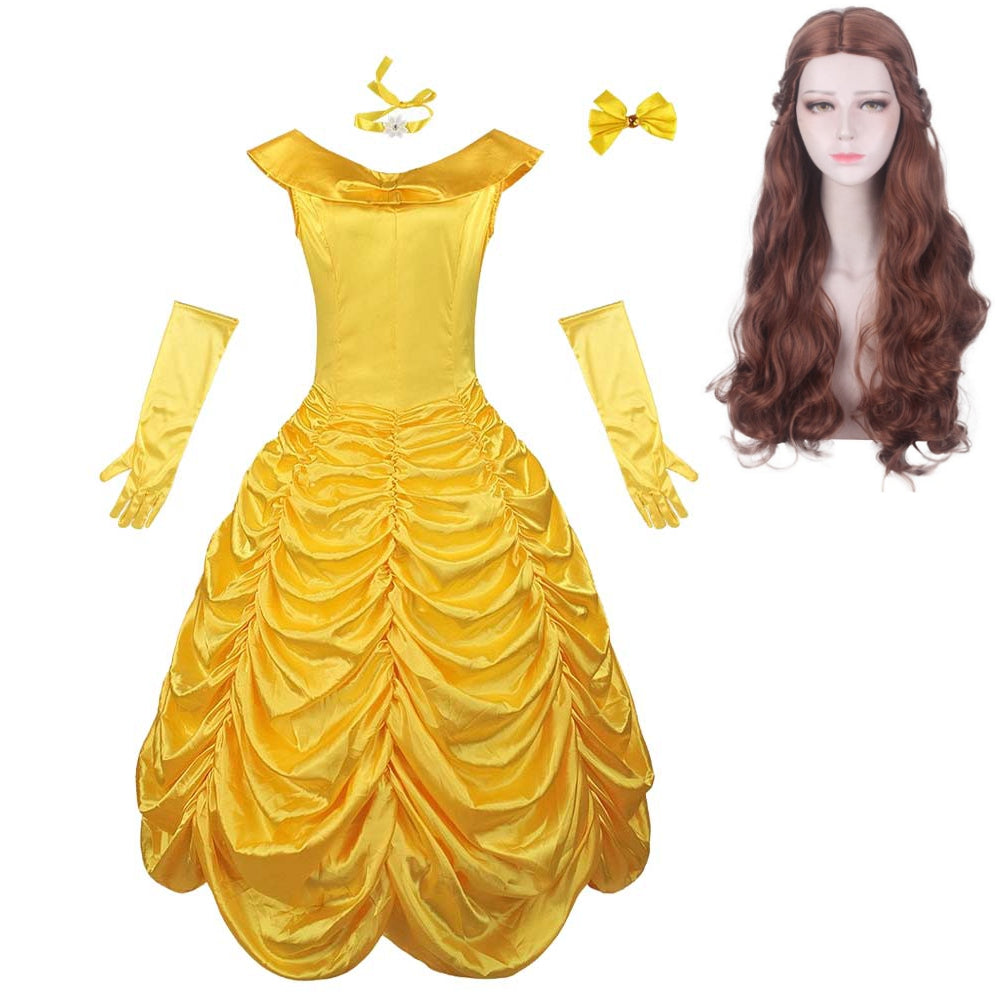 Beauty And The Beast Belle Yellow Dress Gown Outfits Cosplay Costume Halloween Suit