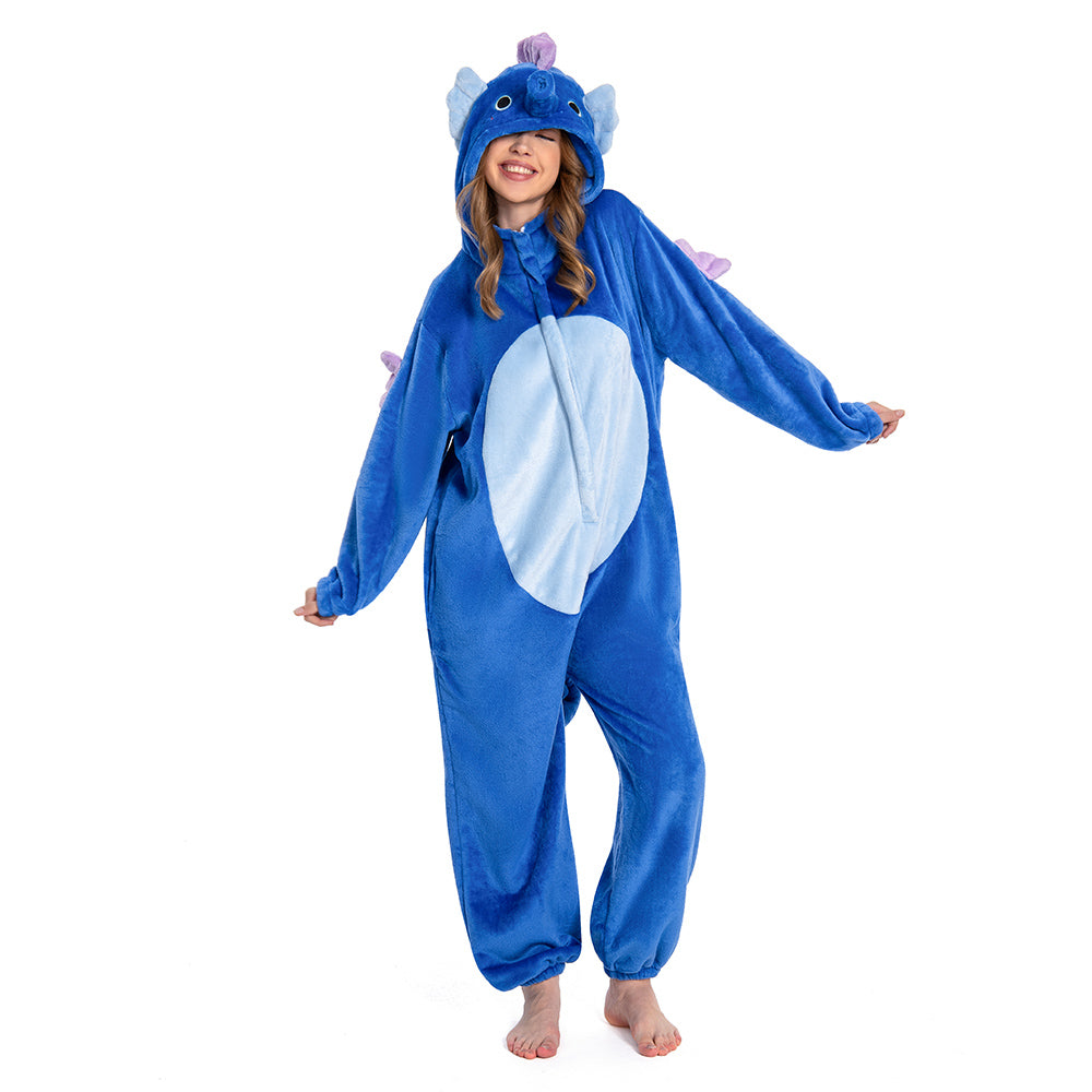 Blue Plush Seahorses Animals Onesie Flannel Pajamas Warm Home Sleepwear Halloween Carnival Suit - OLAOLA