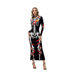 Day Of The Dead Halloween Skeleton Black Dress Outfits Festival Cosplay Costume