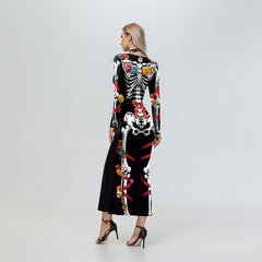 Day Of The Dead Halloween Skeleton Black Dress Outfits Festival Cosplay Costume