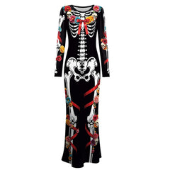Day Of The Dead Halloween Skeleton Black Dress Outfits Festival Cosplay Costume