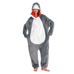 Gray Shark Animals Onesie Cartoon Pajamas Warm Home Flannel Hooded Sleepwear Halloween Carnival- OLAOLA