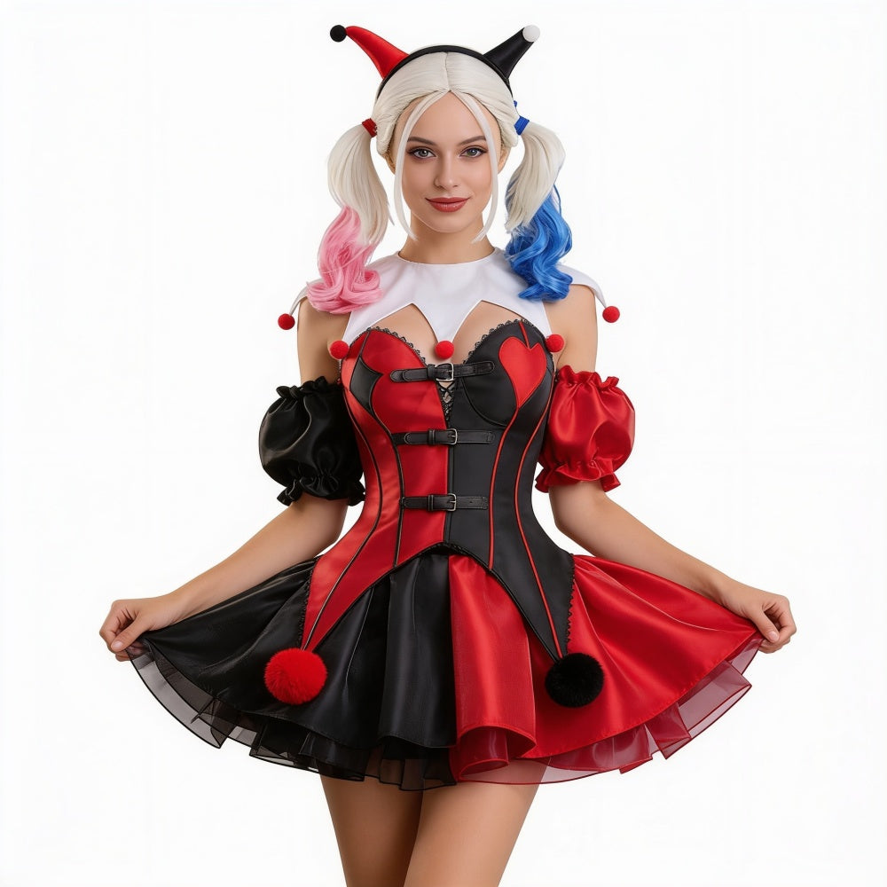 Halloween Devil Clown Red Black Dress Set Outfits Cosplay Costume Carnival Suit
