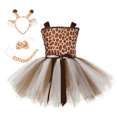 Kids Children Brown Giraffe Dress With Headband Tail Girls Outfits Set Cosplay Costume Halloween Carnival Suit