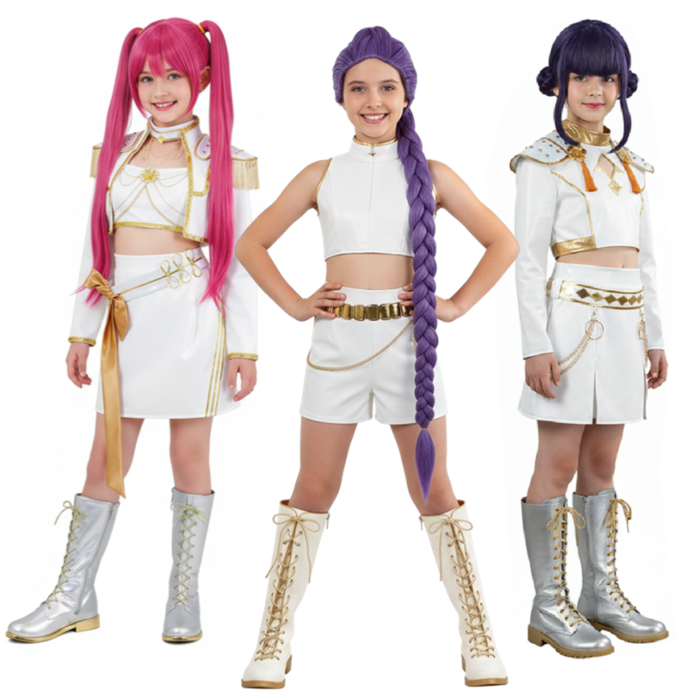 Kids Children KPop Demon Hunters (2025) What It Sounds Like Rumi Mira Zoey Huntrix White Set Cosplay Costume