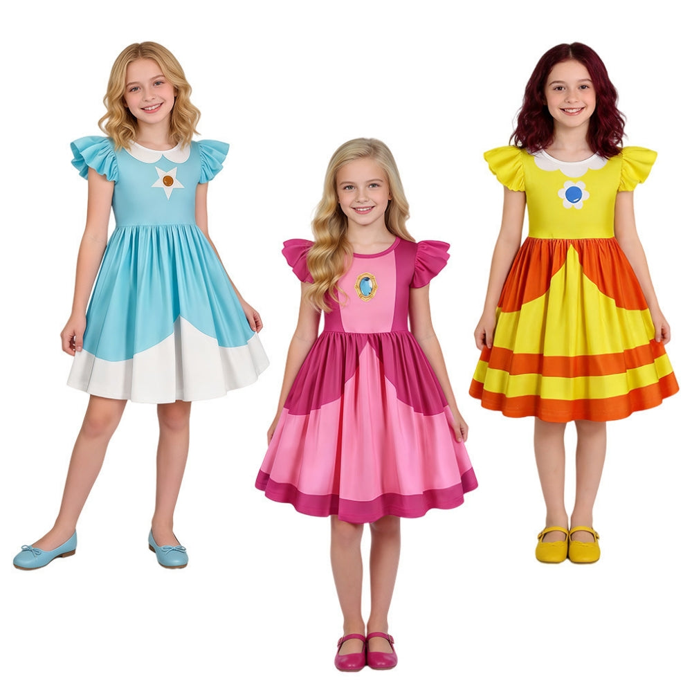 Kids Children The Super Mario Galaxy Movie (2026) Princess Peach Daisy Rosalina Printed Dress Cosplay Costume