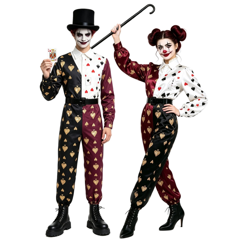 Male Female Poker Clown Black White Jumpsuit Outfits Halloween Cosplay Costume