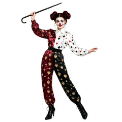Male Female Poker Clown Black White Jumpsuit Outfits Halloween Cosplay Costume