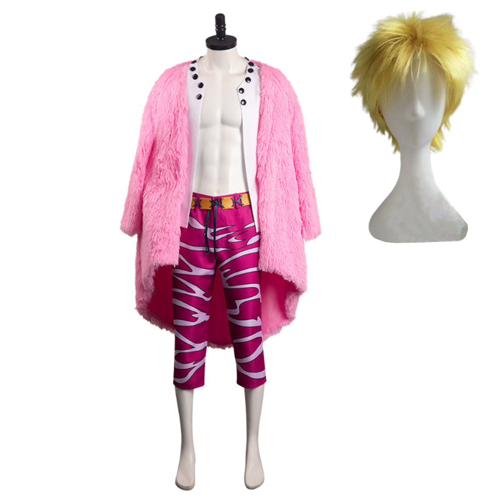 Anime One Piece Donquixote Doflamingo Outfits Pink Set Cosplay Costume Halloween Carnival Suit