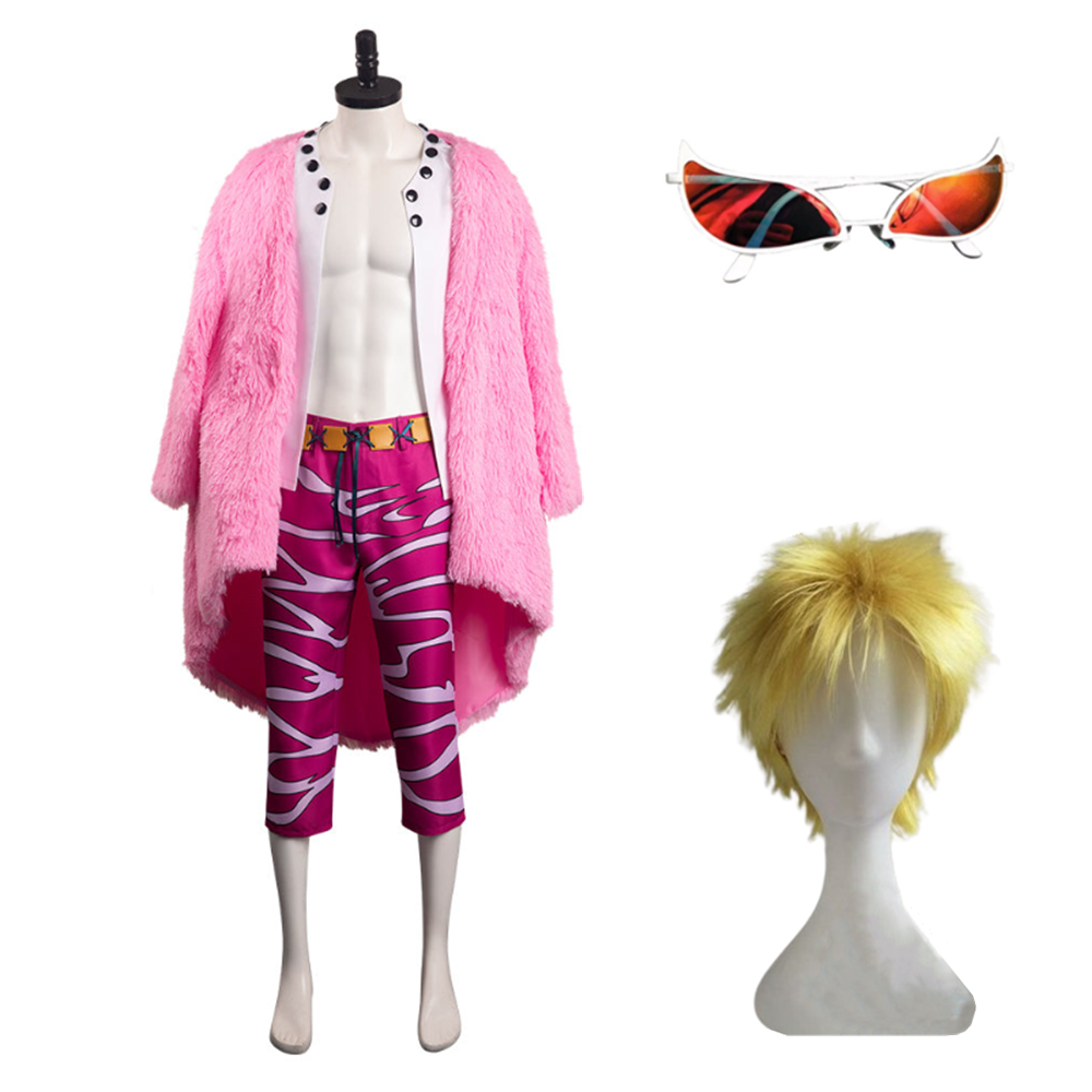 Anime One Piece Donquixote Doflamingo Outfits Pink Set Cosplay Costume Halloween Carnival Suit