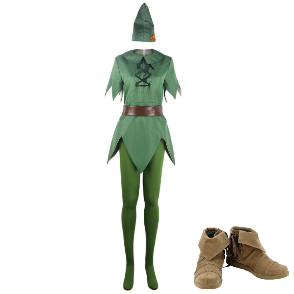 Peter Pan Green Jumpsuit Hat Belt Set Cosplay Costume Halloween Carnival Party Suit