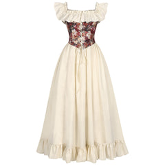 Renaissance Medieval Floral Corset Drawstring Dress Outfits Halloween Cosplay Costume
