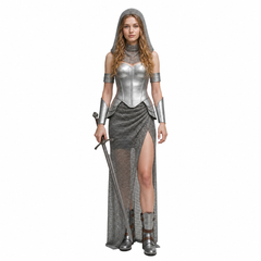 Renaissance Medieval Silver Chainmail Skirt Set Knight Outfits Cosplay Costume