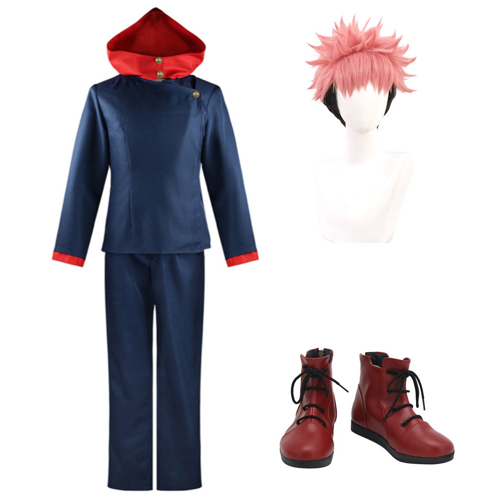 Yuji Itadori Red Hood Blue School Uniform Set Outfits Cosplay Costume