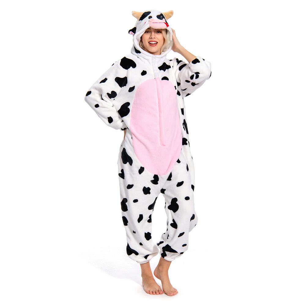 Adult Cartoon Cow Pajamas Cosplay Flannel Sleepwear Jumpsuit Costume Outfits Halloween Carnival Suit - OLAOLA