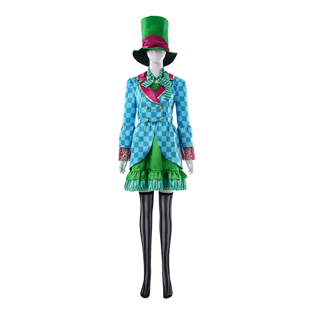 Alice In Wonderland Mad Hatter Green Blue Dress Set Outfits Cosplay Costume 