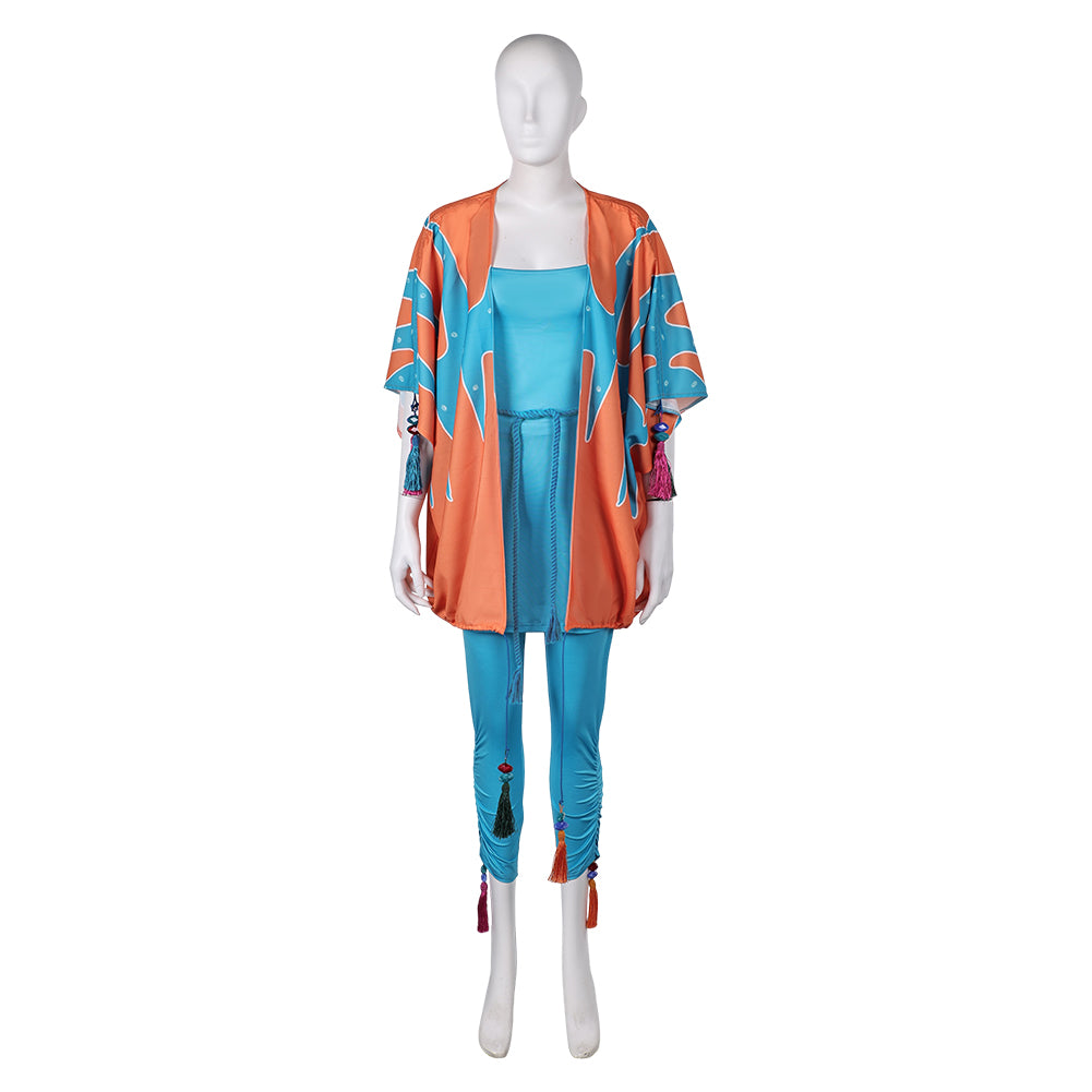 Band ABBA Anni-Frid Synni Lyngstad Retro 70s Blue Dress Coat Outfits Cosplay Costume Halloween Carnival Suit