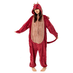 Cartoon Animal Red Dragon Pajamas Onesies Sleepwear Flannel Jumpsuits Outfits Halloween Carnival Suit - OLAOLA