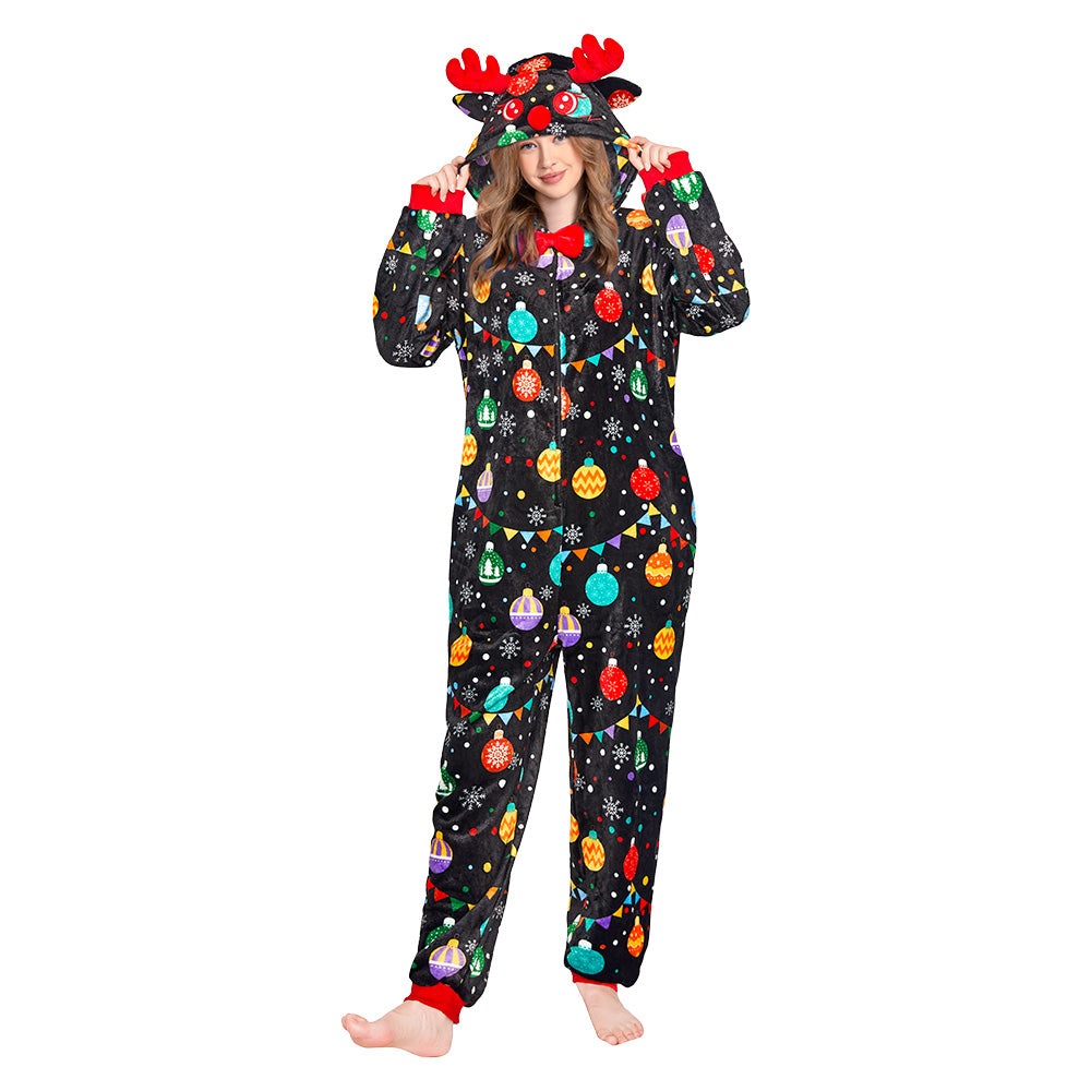 Christmas Elk Printed Pajamas Adult Unisex Plush Animal Onesie One-Piece Costume Halloween Carnival Suit - OLAOLA 