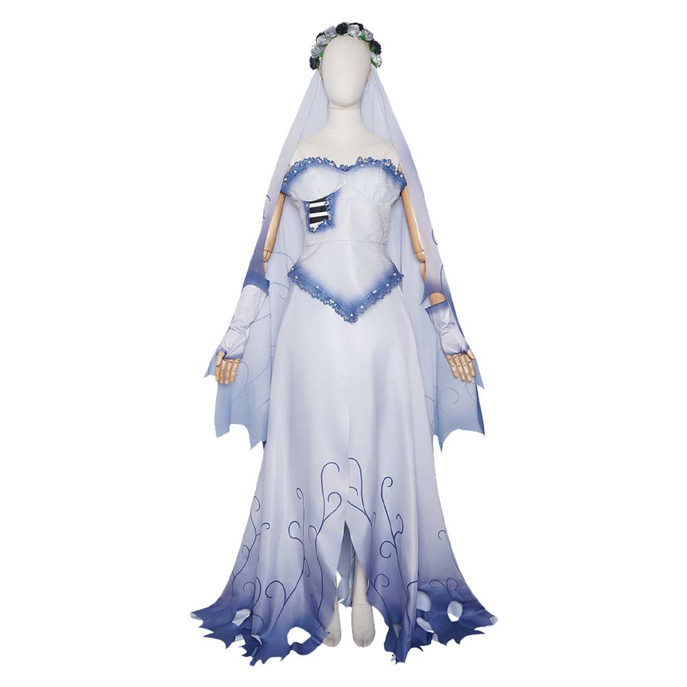 Corpse Bride Emily White Blue Wedding Set Outfits Halloween Cosplay Costume 
