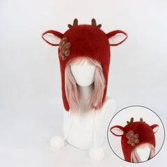 Cute Christmas Elk Red Brown Furry Hat Cosplay Accessories Props