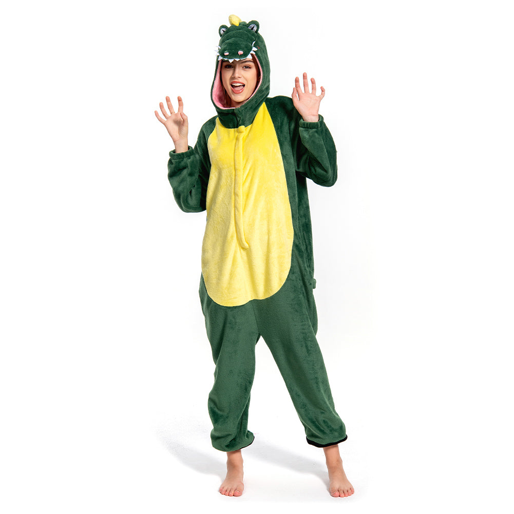 Green Crocodile Flannel Animals Onesie Pajamas Warm Home Sleepwear Halloween Carnival Suit - OLAOLA 