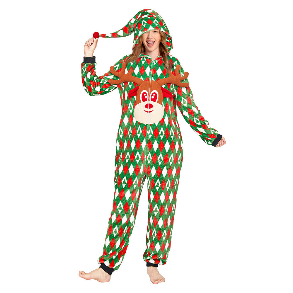 Green Printed Elk Pajamas Christmas Costume Adult Unisex Plush Animal Onesie Halloween Carnival Suit - OLAOLA 