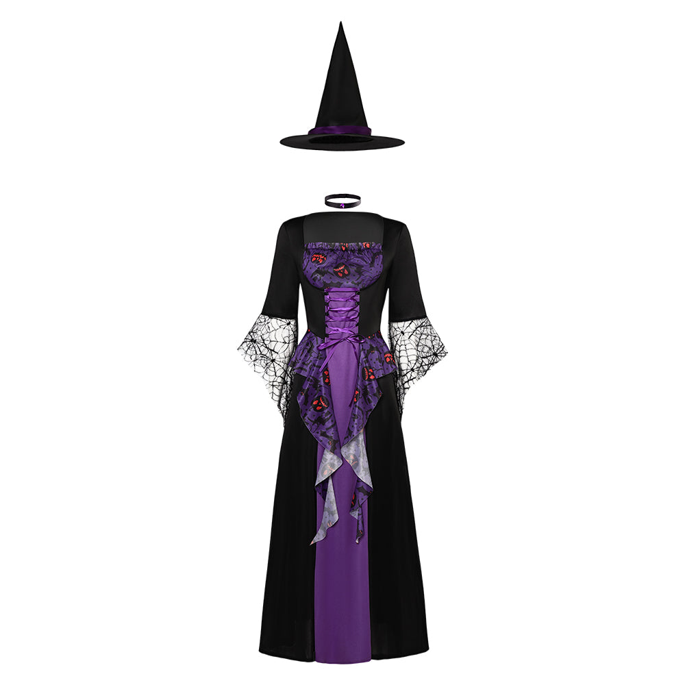 Halloween Witch Purple Dress Hat Set Outfits Cosplay Costume Halloween Carnival Suit 