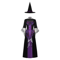 Halloween Witch Purple Dress Hat Set Outfits Cosplay Costume Halloween Carnival Suit 