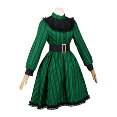 Haunted Mansion Maid Green Striped Dress Outfit Halloween Cosplay Costume 