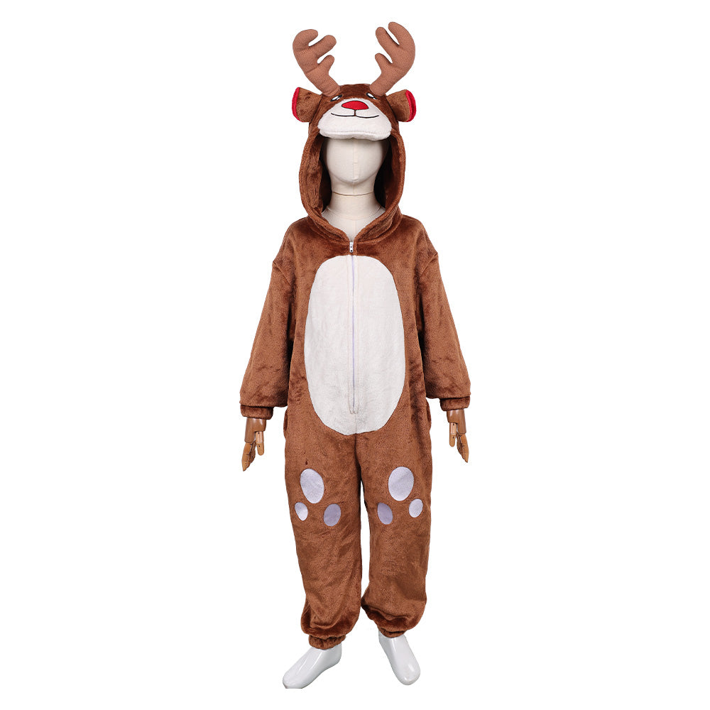 Kids Children Brown Deer Reindeer Onesie Animal Pajamas Christmas Cosplay Costume Carnival Party Suit