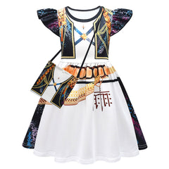 Kids Children KPop Demon Hunters (2025) Rumi Printed Black White Dress Bag Outfits Cosplay Costume