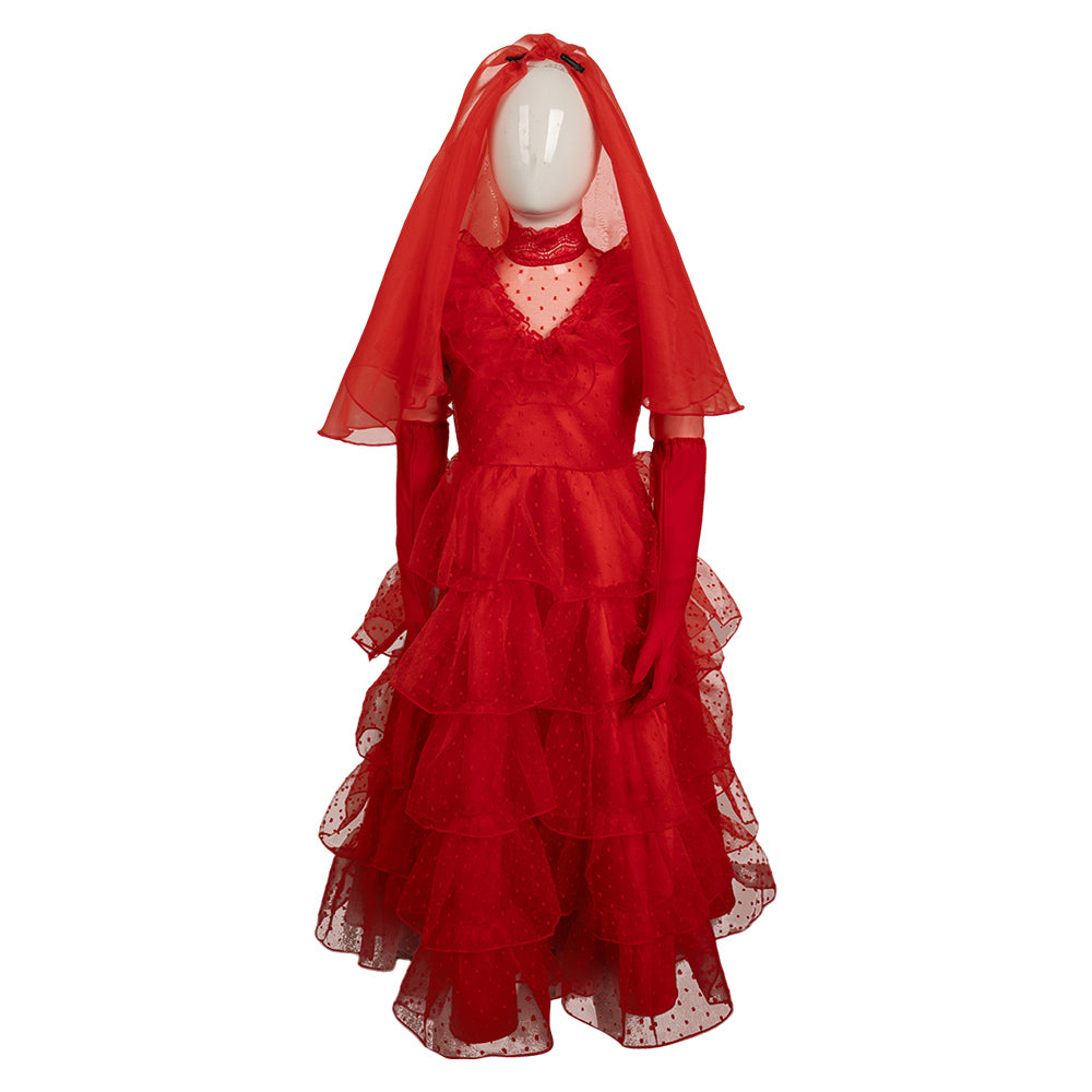 Kids Children Movie Beetlejuice (2024) ​Lydia Red Wedding Dress Cosplay Costume Outfits Halloween Carnival Suit