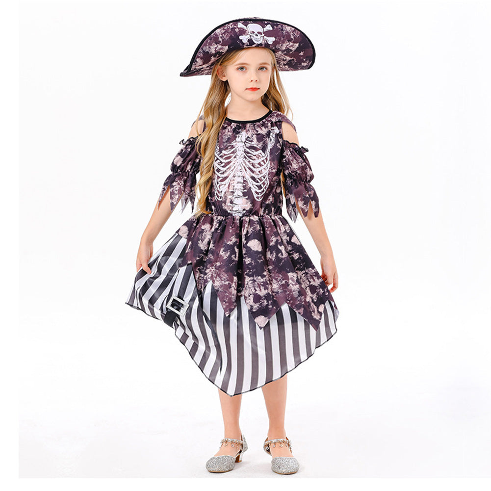 Kids Children Pirate Black Skull Dress Props Set Outfits Cosplay Costume Halloween Carnival Suit